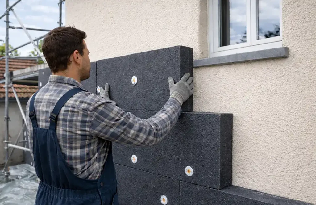 Une personne portant des gants et une combinaison installe de grands panneaux d'isolation sombres sur le mur extérieur d'un bâtiment, sous une fenêtre - démontrant pourquoi choisir l'isolation par l'extérieur. Un échafaudage est visible à l'arrière-plan.