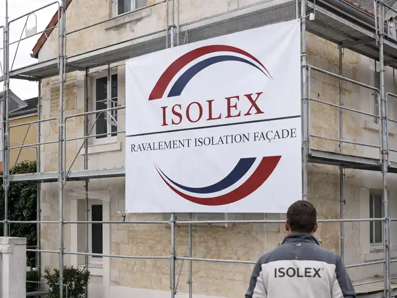 Chantier de ravalement par Isolex Un ouvrier vêtu d'une veste Isolex se tient devant un bâtiment équipé d'un échafaudage Chantier de ravalement par Isolex, sur lequel figure un panneau ISOLEX Ravalement Isolation Façade bien visible sur la structure.