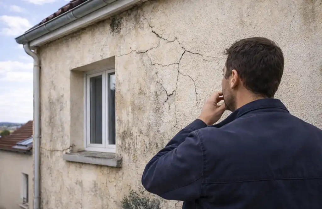 Un homme se tient à l'extérieur, regardant pensivement un mur extérieur fissuré d'une maison, semblant préoccupé par les dégâts et se demandant quand faire un ravalement de façade.