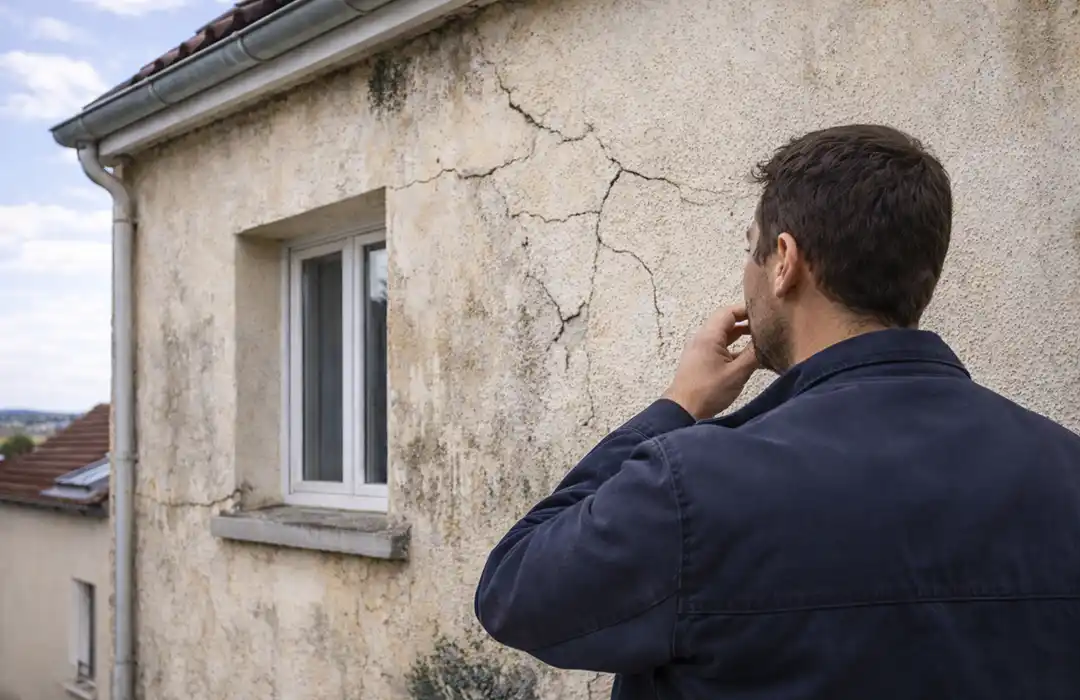 Un homme se tient &agrave; l'ext&eacute;rieur, regardant pensivement un mur ext&eacute;rieur fissur&eacute; d'une maison, semblant pr&eacute;occup&eacute; par les d&eacute;g&acirc;ts et se demandant quand faire un ravalement de fa&ccedil;ade.