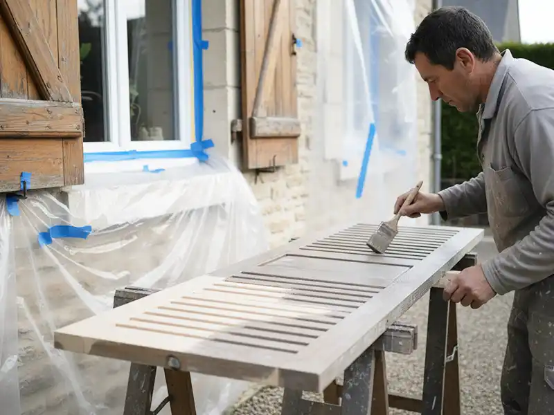 Une personne applique de la peinture sur boiserie sur un volet de fen&ecirc;tre en bois &agrave; l'aide d'un pinceau en plein air, &agrave; c&ocirc;t&eacute; d'une maison dont les fen&ecirc;tres sont recouvertes de plastique et de ruban adh&eacute;sif de peintre pour les prot&eacute;ger.