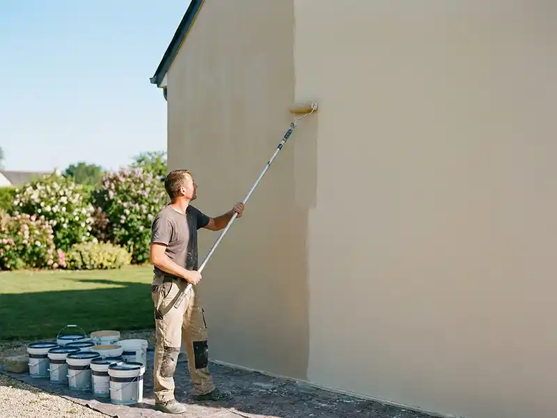 Application d’un revêtement protecteur adapté - Girault Ravalement Une personne utilise un rouleau sur une perche pour l'application d'un revêtement protecteur adapté, peignant le mur extérieur d'une maison d'une couleur claire. Plusieurs seaux de peinture sont alignés à proximité, avec un jardin visible à l'arrière-plan.