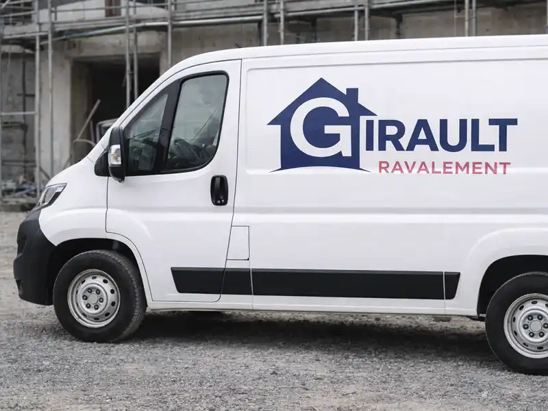 Camionnette Girault Ravalement Une camionnette blanche portant le logo de Girault Ravalement et l'icône d'une maison stylisée est garée sur du gravier devant un bâtiment en construction, avec des échafaudages.