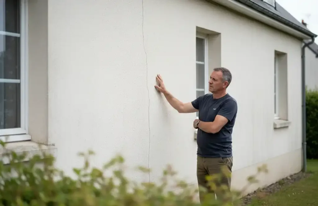 Un homme se tient &agrave; l'ext&eacute;rieur d'une maison &agrave; Blois, examinant une longue fissure verticale sur votre fa&ccedil;ade pr&egrave;s d'une fen&ecirc;tre, avec de la verdure visible au premier plan.