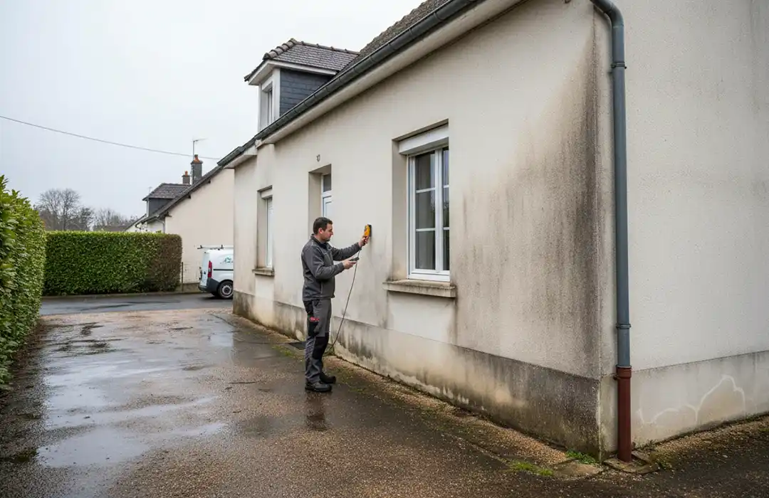 Humidité sur les murs extérieurs à Blois – Girault Ravalement Une personne en tenue de travail utilise un appareil portatif pour inspecter ou nettoyer le mur extérieur d'une maison, où l'humidité sur les murs extérieurs à Blois est évidente avec des taches sombres et des moisissures visibles. Une camionnette blanche est garée à proximité, dans une allée humide.
