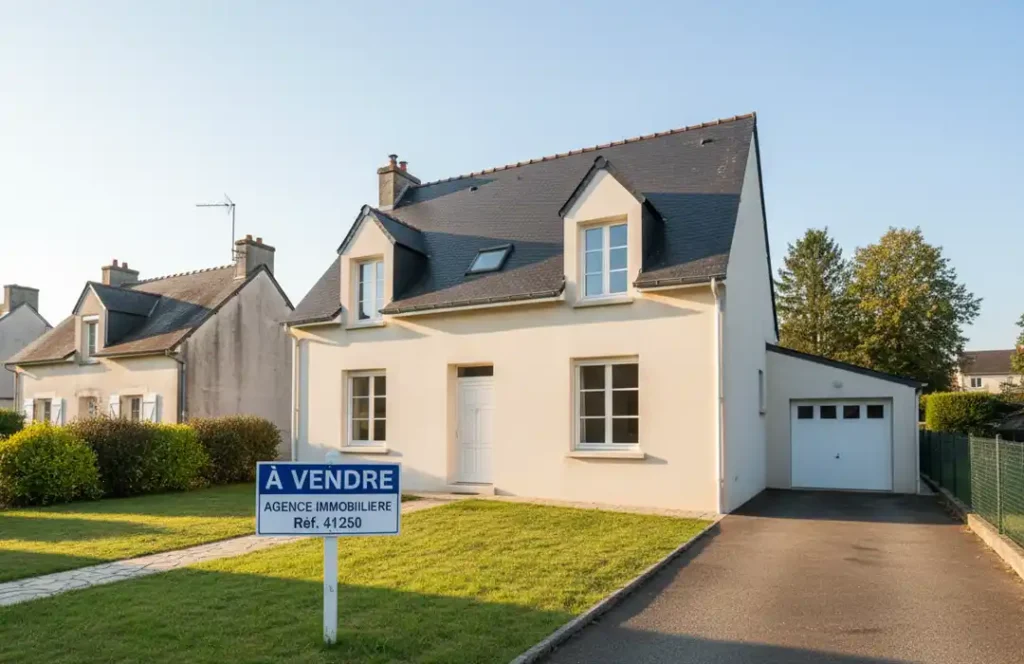 Une maison moderne de deux &eacute;tages avec un toit en ardoise et un garage attenant est &agrave; vendre, comme l'indique un panneau "&Agrave; vendre" sur la pelouse avant soigneusement entretenue. Cette maison de couleur cr&egrave;me &agrave; vendre dans le 41 offre &agrave; la fois confort et style.