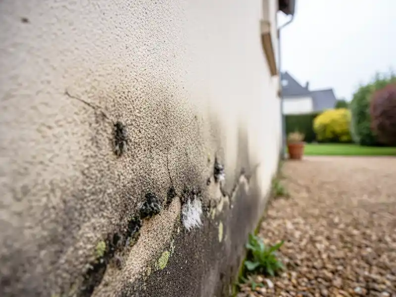 Gros plan d'un mur ext&eacute;rieur d'une maison montrant des traces d'humidit&eacute;s murs ext&eacute;rieurs, avec des moisissures noires visibles, des taches d'humidit&eacute;, et une croissance d'algues vertes pr&egrave;s du sol &agrave; c&ocirc;t&eacute; d'un chemin de gravier et d'un jardin.