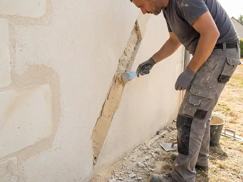 Traitement des fissures - Girault Ravalement Un ouvrier portant des gants et des vêtements de travail effectue un traitement des fissures, en utilisant une truelle pour réparer une grande fissure dans un mur extérieur. Des outils de construction et un seau sont posés sur le sol à proximité.