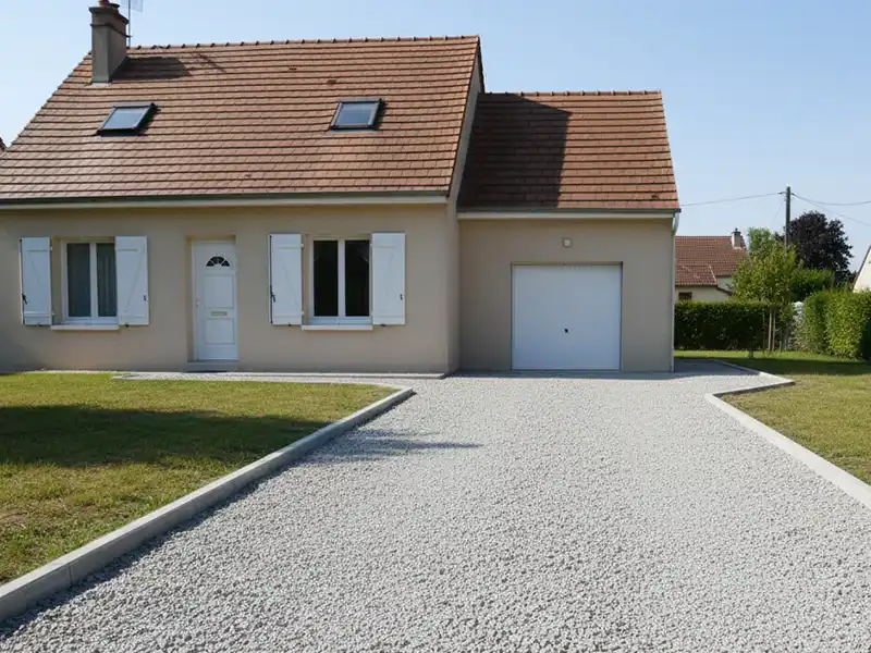 Création allée gravillon - Girault Ravalement Maison de plain-pied de couleur beige avec un toit en tuiles brunes, des volets blancs et un garage simple. Une large allée de création gravillon mène au garage, bordée de part et d'autre de pelouses sous un ciel dégagé.