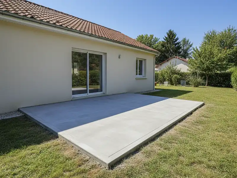 Création terrasse béton - Girault Ravalement Une maison de plain-pied avec un toit en tuiles rouges et des murs clairs dispose d'une création terrasse béton spacieuse et de portes coulissantes en verre, entourée d'herbe verte et d'arbres sous un ciel bleu limpide.