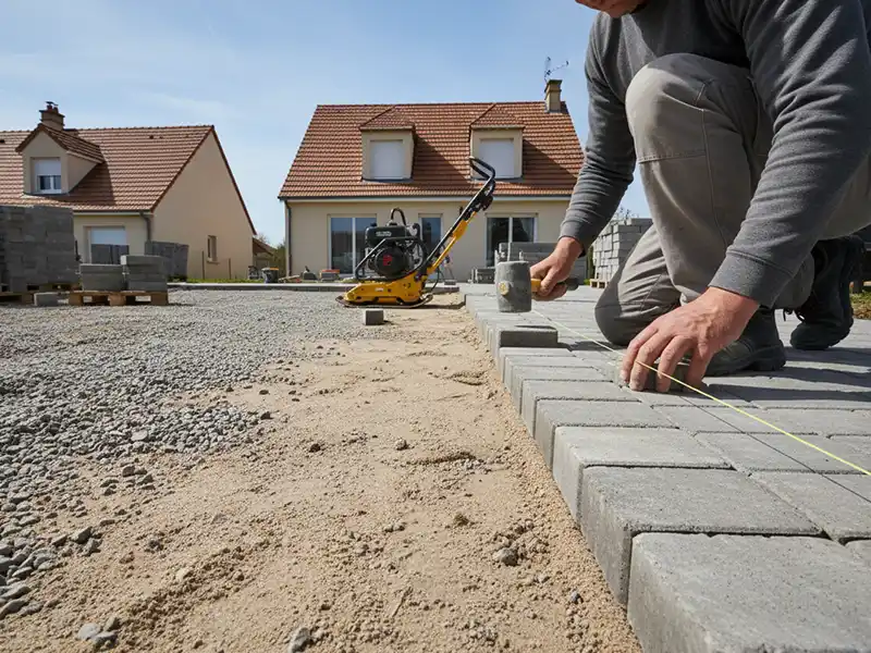 Pose de pavé - Girault Ravalement Une personne est agenouillée sur le sol, effectuant soigneusement la pose de pavé, installant des pavés gris dans une rangée ordonnée à l'aide d'une ficelle pour l'alignement. Des outils de construction et des piles de pavés se trouvent à proximité, avec des maisons en arrière-plan.
