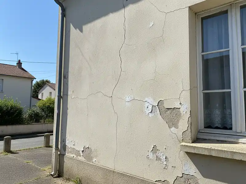 Un mur ext&eacute;rieur blanc d'une maison pr&eacute;sente des fissures et une peinture &eacute;caill&eacute;e pr&egrave;s d'une fen&ecirc;tre, soulignant la n&eacute;cessit&eacute; de r&eacute;parer et de traiter les fissures. Un trottoir et une autre maison sont visibles &agrave; l'arri&egrave;re-plan.